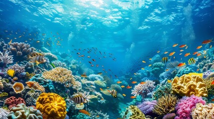 Naklejka premium A beautiful view of the seabed during the day, with lots of coral and sea animals swimming, depicting a peaceful atmosphere.