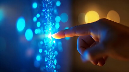 Human finger pointing on the glowing computer screen with blue and blur effects flare side view close-up