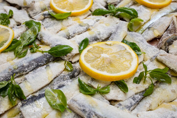 Baby hering fish stacked in a tray with olive oil , basil leaves and lemon slices, soft focus side view