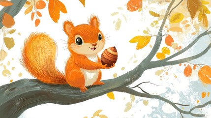 Adorable Squirrel Holding Acorn Autumn Tree Branch