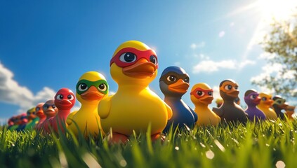 A row of rubber ducks wearing superhero masks