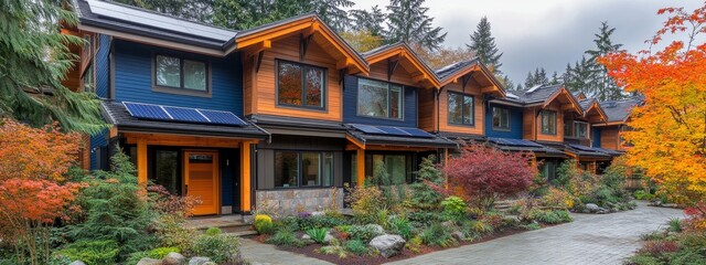 Obraz premium Sustainable townhouses with solar panels and greenery, emphasizing eco-friendly urban living, renewable energy, and modern residential architecture in Washington, USA.