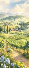 Fototapeta premium Charming watercolor artwork of a vineyard with a rustic charm, grape vines painting, colorful scenery, countryside vineyard, serene nature