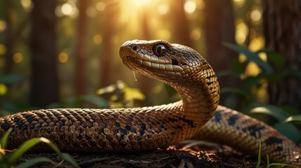 Fototapeta premium Brown Snake in Forest Sunlight Basking