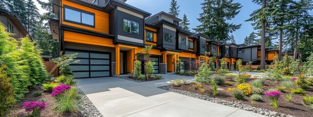 Sustainable townhouses with solar panels and greenery, emphasizing eco-friendly urban living, renewable energy, and modern residential architecture in Washington, USA.