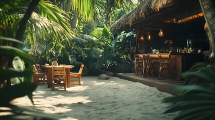 A cozy secluded beach bar shaded by lush jungle plants with handcrafted wooden furniture.