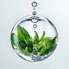 a beautiful water drop with medical herbs inside on light blue background 