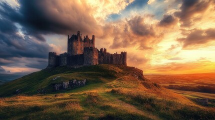 Fototapeta premium Majestic castle on hilltop at sunset, dramatic sky.