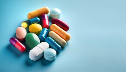colorful supplement pills on light blue background
