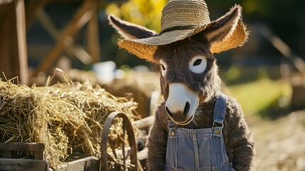 A donkey dressed as a farmer with a straw hat and miniature overalls standing near a cart of hay.