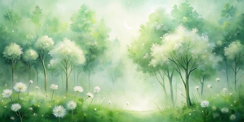 Obraz premium A Serene Woodland Path Illuminated by Moonlight with a Smattering of Delicate White Flowers Blooming in the Grass