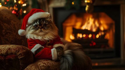 A fluffy Persian cat wearing a Santa hat and a tiny red suit lounging by a fireplace.