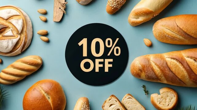 10 percent off commercial banner. Assortment of breads arranged around a 10% off sale sign.
