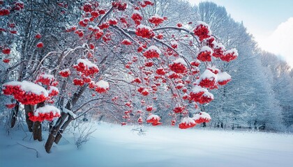 rowan tree in snow beautiful winter landscape with snowy bunches of red rowan berries winter scene with frozen trees natural abstract background winter festive season cold frozen weather