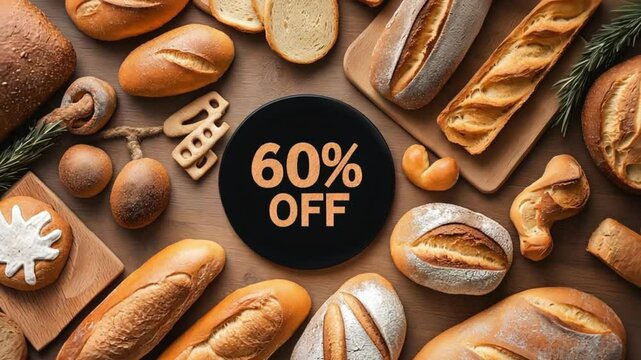 60 percent off commercial banner. Freshly baked bread surrounds a sign that reads "60% Off."