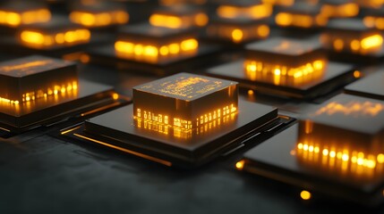 A futuristic concept of a smart contract visualized as glowing digital code blocks floating above a sleek ledger interface.