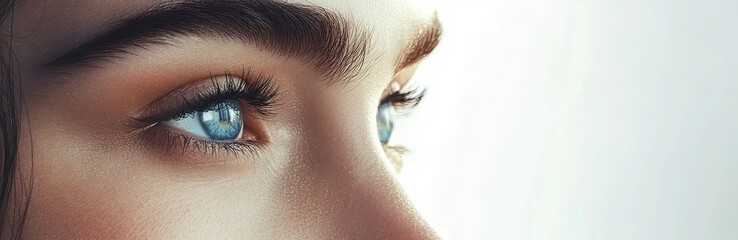 Obraz premium A close-up of a beautiful woman's face with plump and healthy eyebrows, against a blue background