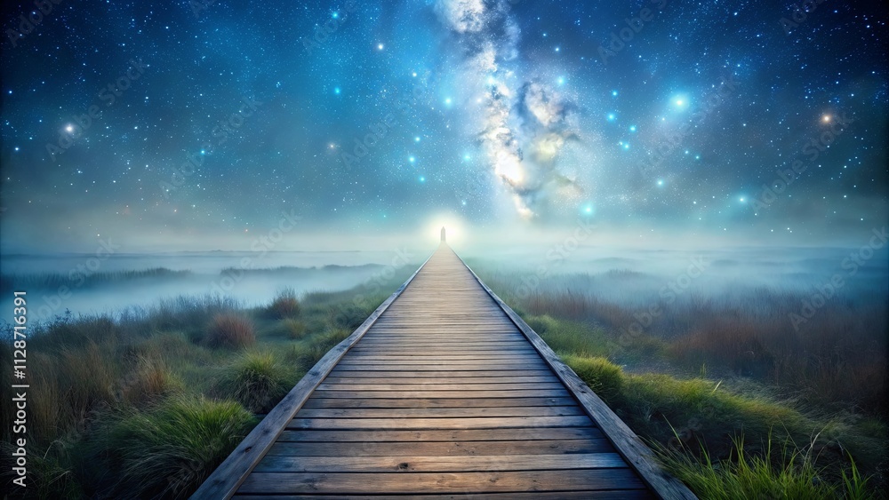 Wall mural a wooden path leading into the ethereal mist beneath a celestial tapestry of stars and a shimmering 