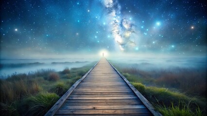 Fototapeta premium A wooden path leading into the ethereal mist beneath a celestial tapestry of stars and a shimmering galaxy
