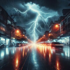 The city at night in winter with lightning