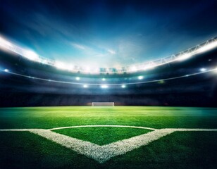 Obraz premium stadium, football, soccer, night, empty, arena, smoke, background, texture, grass, sport, green, team, game, winner, modern, event, field, ball, ground, 