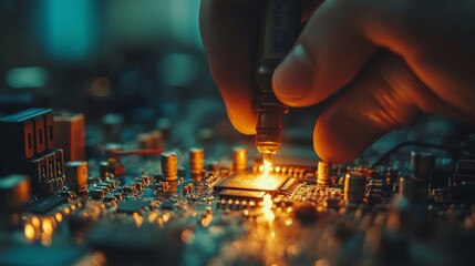 Obraz premium Hand Soldering a Microchip on a Circuit Board