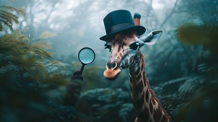 A giraffe wearing a detective hat and magnifying glass standing tall in a misty jungle.