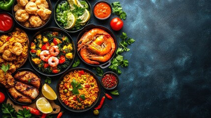 Fototapeta premium Diverse delicious seafood and rice dishes.