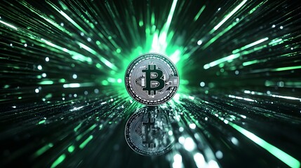 A glowing Litecoin coin on a reflective black surface surrounded by futuristic green and silver light beams.