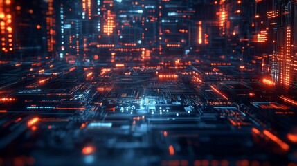 Obraz premium Abstract Circuit Board with Glowing Orange and Blue Lines