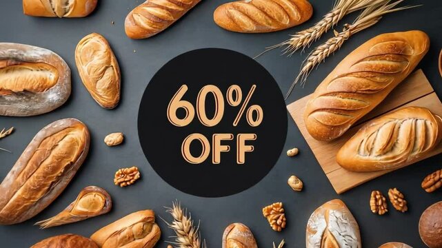 60 percent off commercial banner. Various loaves of bread arranged on a dark surface with a 60% off sale sign.