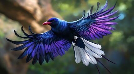 Obraz premium Vivid blue and purple bird in flight, wings spread wide, against a blurred green background.