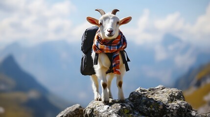 A goat dressed as a mountaineer with a tiny backpack and a scarf standing on a rocky peak.