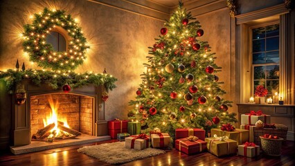 A festive fireplace, adorned with a glowing wreath, casts a warm glow upon a beautifully decorated Christmas tree, surrounded by gifts, creating a magical ambiance of holiday cheer.