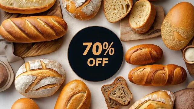 Assortment of fresh baked bread with a 70% off sign.70 percent off commercial banner.