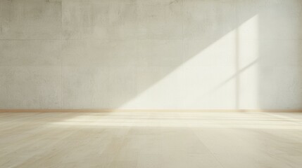 A minimalist interior with a concrete wall and wooden floor, illuminated by natural light.