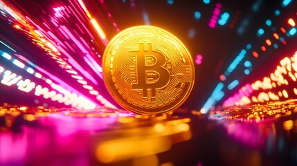 A golden Bitcoin coin surrounded by neon lights and charts representing market trends.