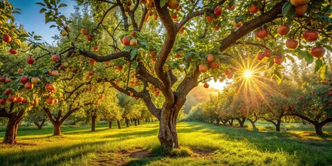 A sun-drenched orchard with a single, majestic tree reaching towards the golden light, its branches laden with vibrant red apples, bathed in the warmth of the morning sun.