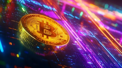 A golden Bitcoin coin surrounded by neon lights and charts representing market trends.