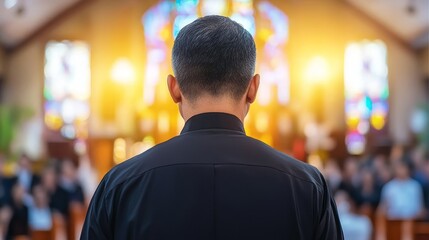 Fototapeta premium Priest leading a congregation in worship, with choir and stained glass background, highlighting spirituality, religious tradition, and community gathering.