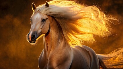 A graceful horse staring into the camera its mane flowing gently in the breeze under golden light.