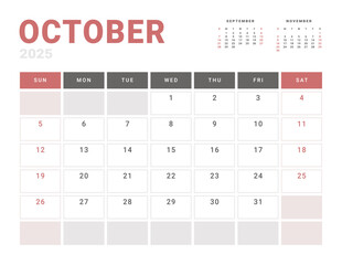 Monthly page Calendar Planner Template of October 2025. Vector layout of calendar with week start Monday for Scheduling. Page for size A4 or 21x29.7 cm
