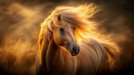 A graceful horse staring into the camera its mane flowing gently in the breeze under golden light.