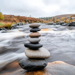 A stack of rocks is placed on a river bank