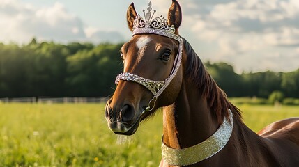 A graceful horse wearing a princess tiara and a glittery sash standing in a green pasture.