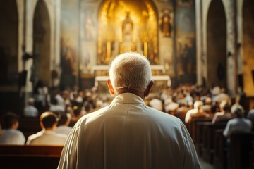 Fototapeta premium Priest leading a congregation in worship, with choir and stained glass background, highlighting spirituality, religious tradition, and community gathering.