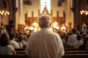Naklejka premium Priest leading a congregation in worship, with choir and stained glass background, highlighting spirituality, religious tradition, and community gathering.