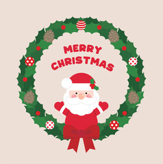 A wreath illustration with a winter Christmas concept. The wreath is made of holly and features ornaments, pine cones, ribbons, a santa, and 'Merry Christmas' typography.