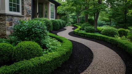 Winding pathway through lush green landscaped garden.