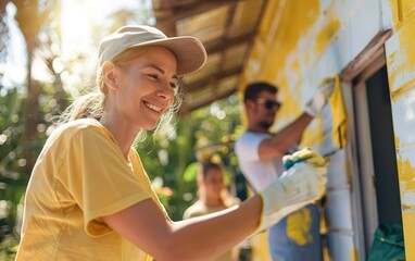 Volunteer people unite painting a house, they do it together. Community collaboration support, collective teamwork, synergy, unity, cooperative partnership, combined group, alliance, mutual effort